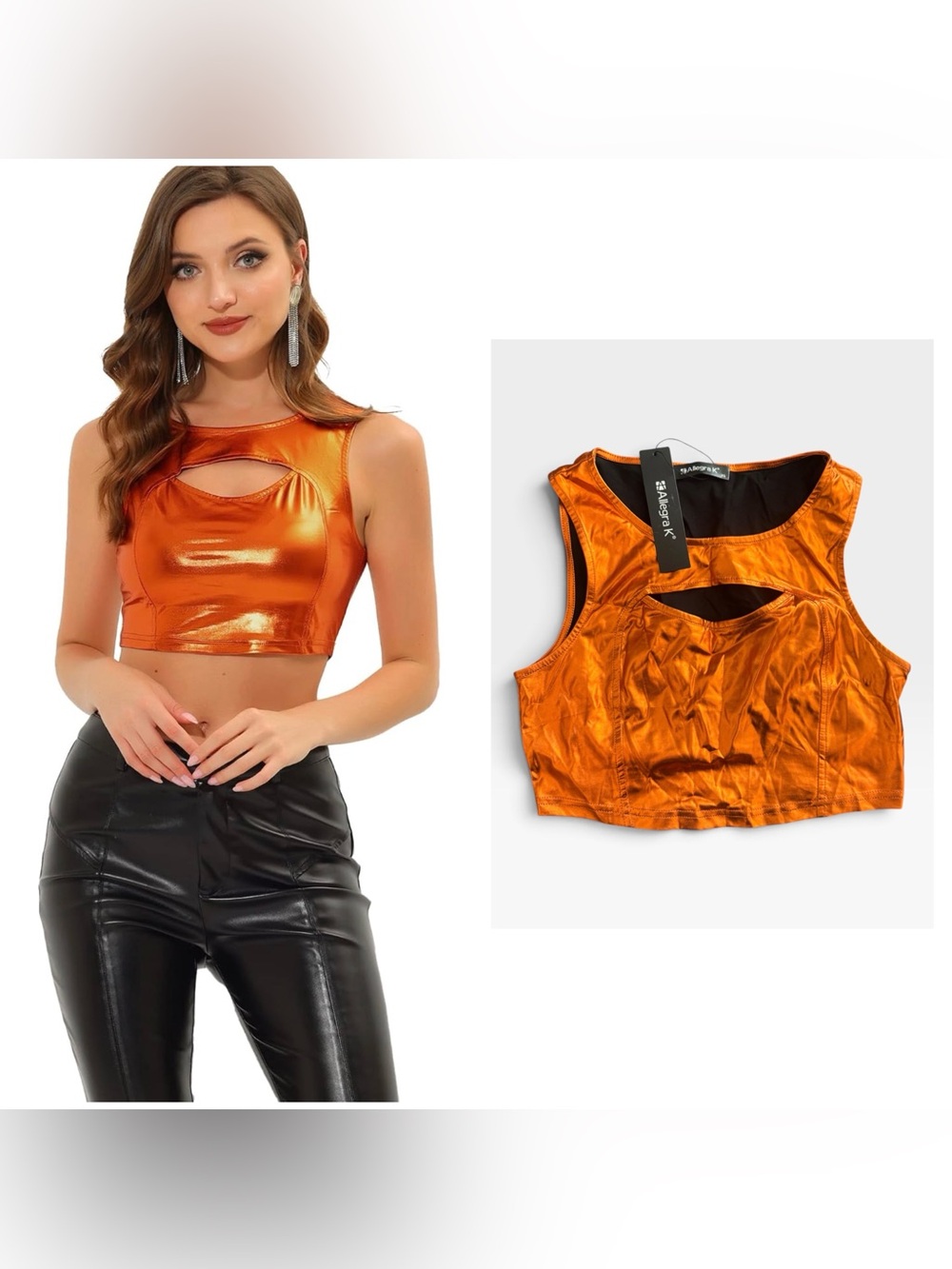 Allegra K Shiny Orange Cutout Sleeveless Crop Top